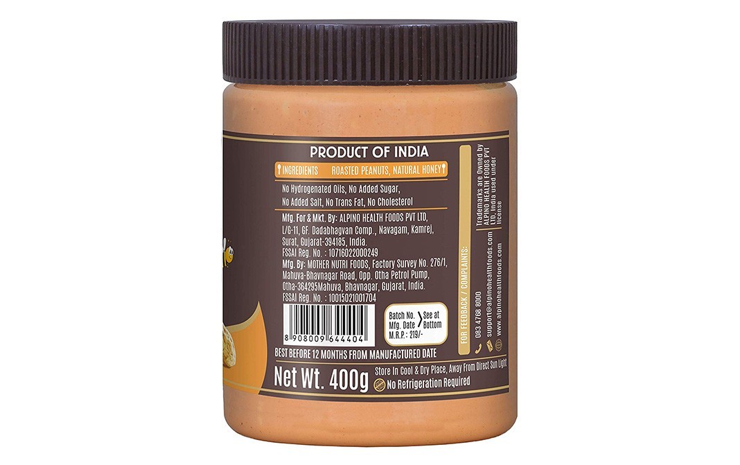 Alpino Honey Peanut Butter Natural Smooth   Plastic Jar  400 grams